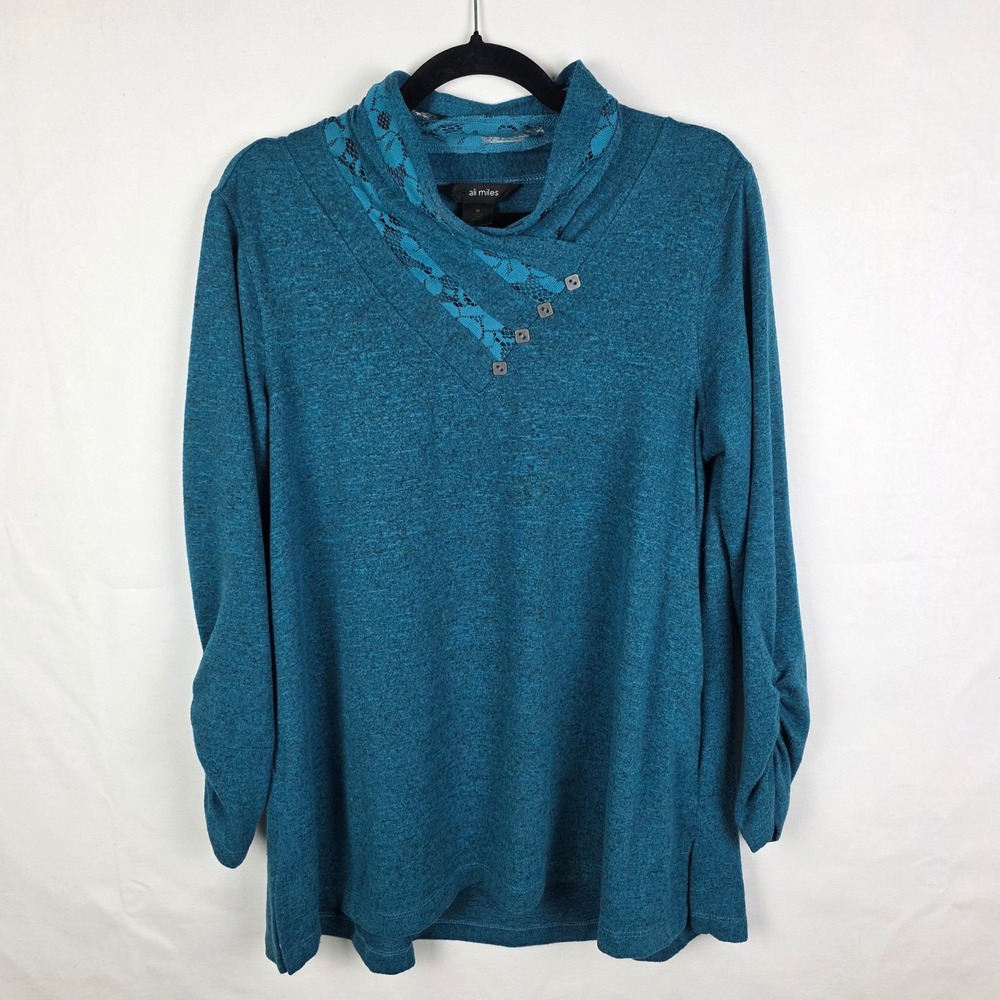 ali miles Teal Blue Lace Detail Cowl Neck Long Sleeve Tunic Top Women M Artsy